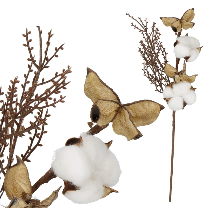 Ramura decorativa Craciun cu bumbac si plante uscate, 37 cm, alb/maro [5]
