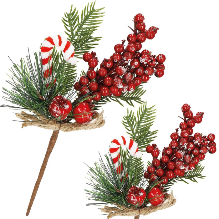 Ramura decorativa Craciun cu fructe rosii, acadea si sfoara iuta, 24 cm, rosu [2]
