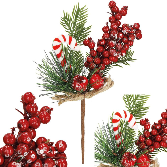 Ramura decorativa Craciun cu fructe rosii, acadea si sfoara iuta, 24 cm, rosu [8]