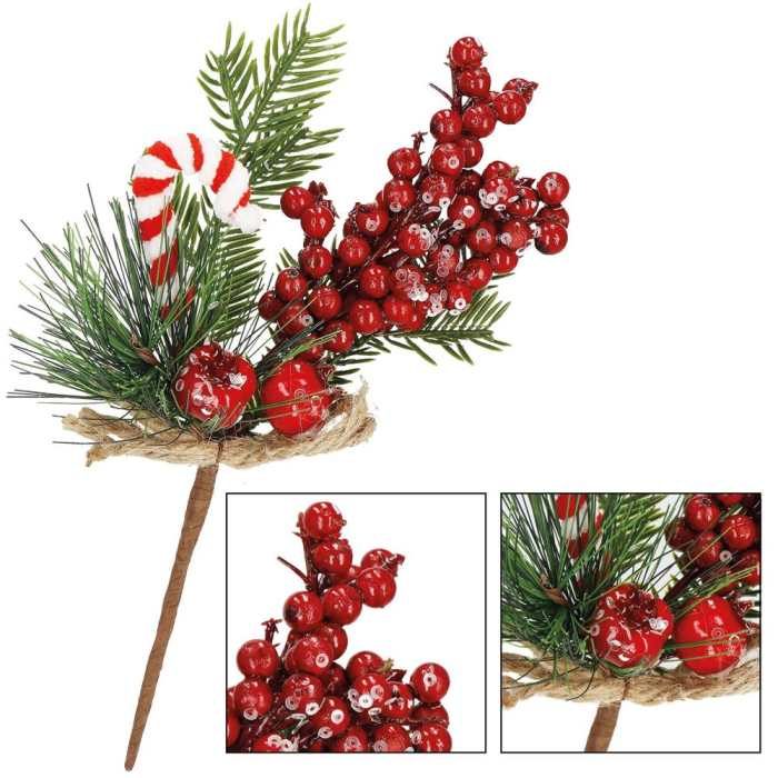 Ramura decorativa Craciun cu fructe rosii, acadea si sfoara iuta, 24 cm, rosu [7]