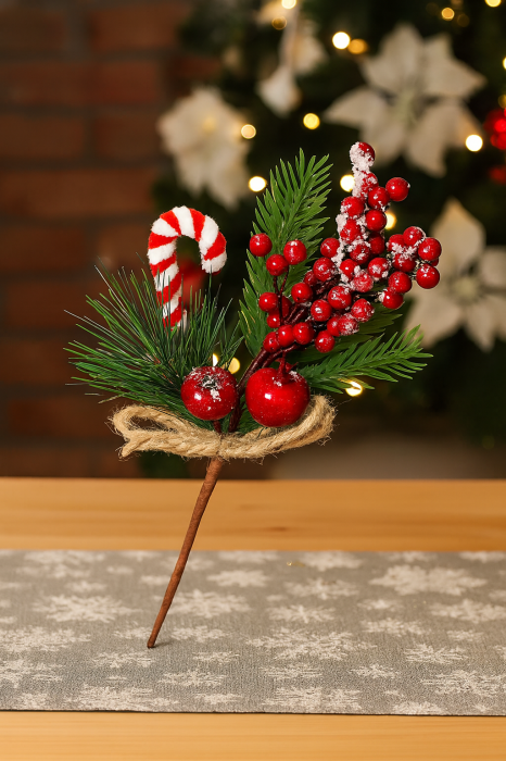 Ramura decorativa Craciun cu fructe rosii, acadea si sfoara iuta, 24 cm, rosu [3]