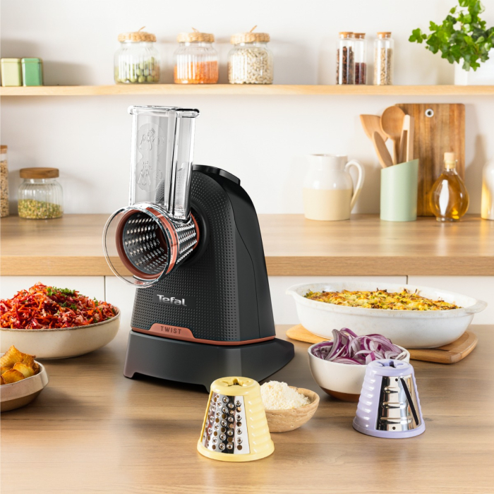 Razatoare electrica 3-in-1 Tefal Fresh Express Twist DN8638E0, 150 W, 3 conuri detasabile pentru razuire fina & grosiera, feliere, negru [4]