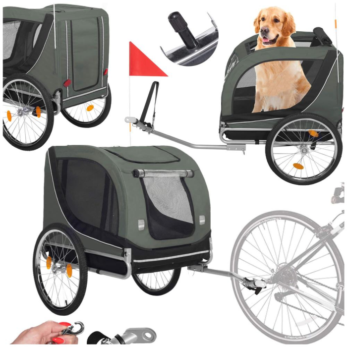 Remorca bicicleta transport animale acoperis impermeabil, maxim 40 kg, rezistenta, verde negru [2]