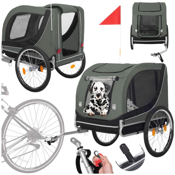 Remorca bicicleta transport animale acoperis impermeabil, maxim 40 kg, rezistenta, verde negru [5]
