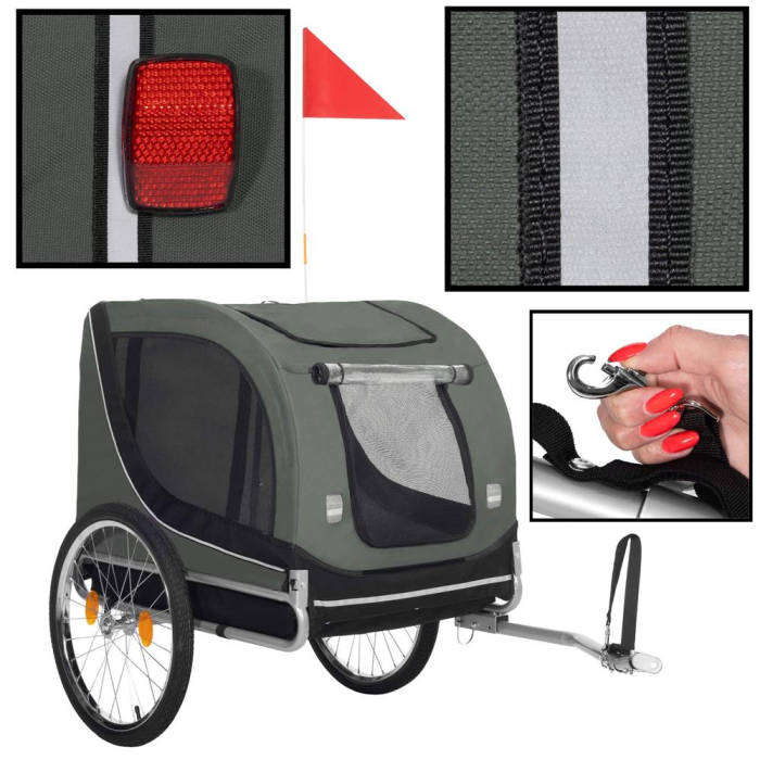Remorca bicicleta transport animale acoperis impermeabil, maxim 40 kg, rezistenta, verde negru [9]