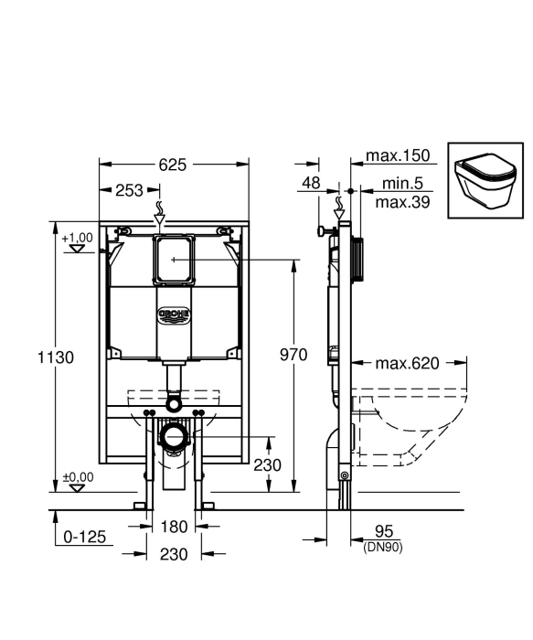 Rezervor Grohe 38994000, Cadru Rapid SL Slim, tip instalare incastrat, tip placare uscata, numar moduri spalare 2 [2]