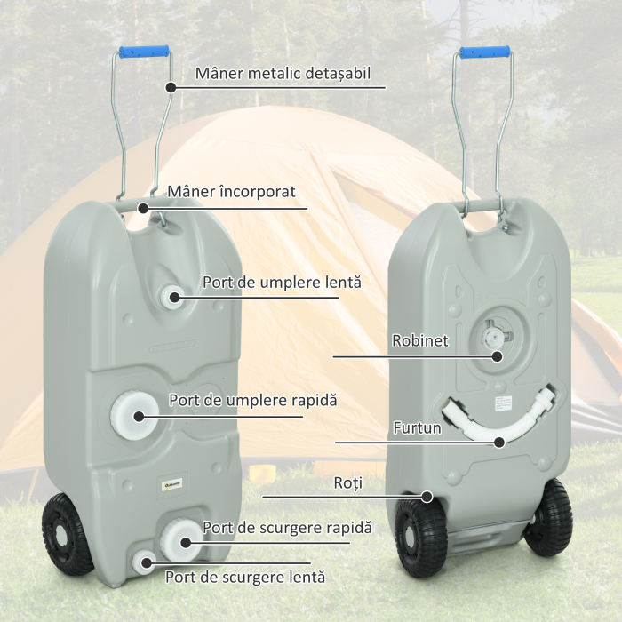  Rezervor pentru Apa de Camping 40L cu Roti si Maner Reglabil, Tub si Robinet Inclus, Gri [4]