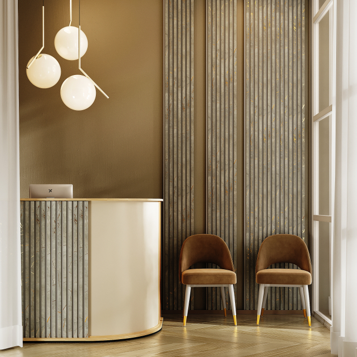 Riflaj MDF decorativ LDA PREMIUM de tip Panou Acustic, Marmura cu insertii aurii, 260x40 cm [5]