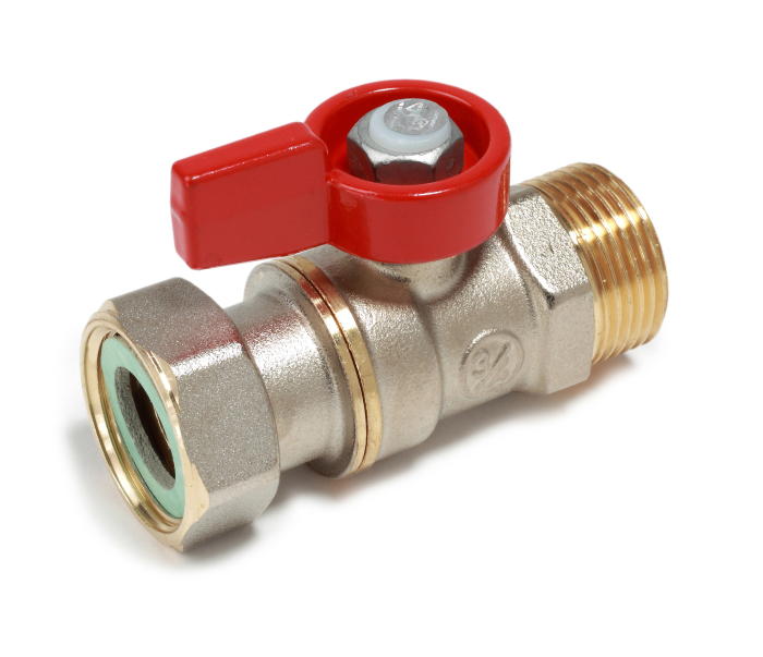 Robinet cu bila Giacomini R254PX014, filet exterior 3/4" x piulita, filet interior 3/4", cu garnitura, maner tip T rosu, alama nichelata [1]