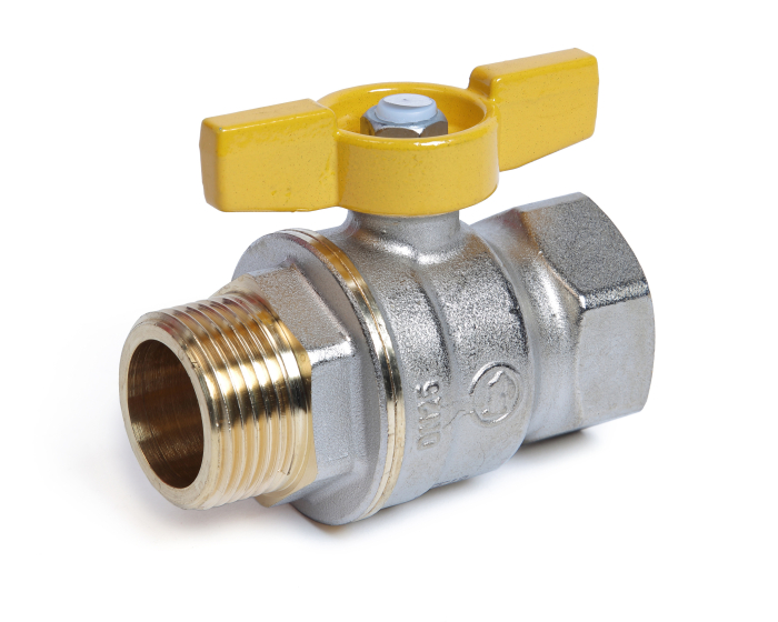 Robinet cu bila pentru gaz Giacomini R734GAX005, trecere plina, maner tip T galben, filet interior 1” x filet exterior  1”, 5 bar, alama nichelata [1]