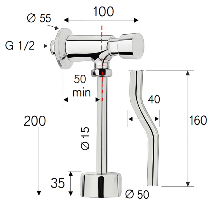 Robinet temporizat urinal Remer Rubinetterie TE855, montaj perete, alama cromata, timp deschidere 6-8 secunde [2]