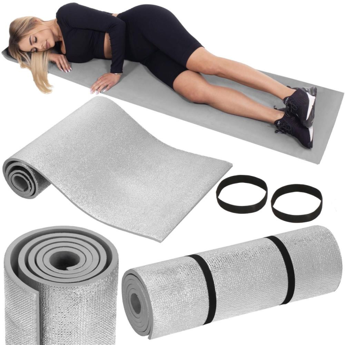 Saltea termoizolanta pentru camping sau plaja, 180x50 cm, spuma PE cu folie aluminiu, grosime 1 cm, gri [2]