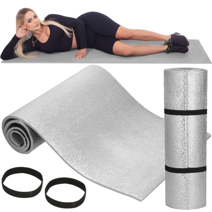 Saltea termoizolanta pentru camping sau plaja, 180x50 cm, spuma PE cu folie aluminiu, grosime 1 cm, gri [9]