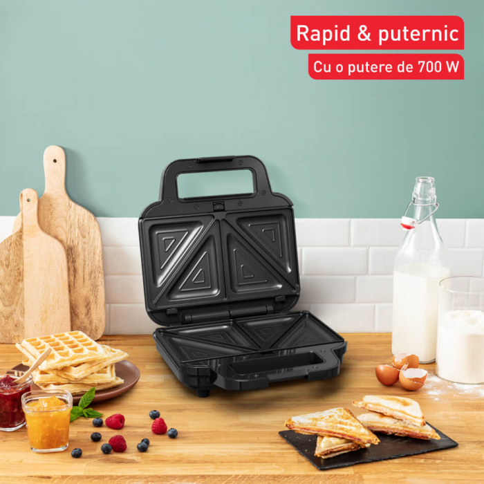 Sandwich maker multifunctional Tefal UltraCompact 3 in 1 SW383D10, 700W, 3 placi detasabile pentru sandwich-uri, panini si gofre, negru & arginti [10]
