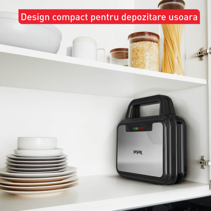 Sandwich maker multifunctional Tefal UltraCompact 3 in 1 SW383D10, 700W, 3 placi detasabile pentru sandwich-uri, panini si gofre, negru & arginti [9]