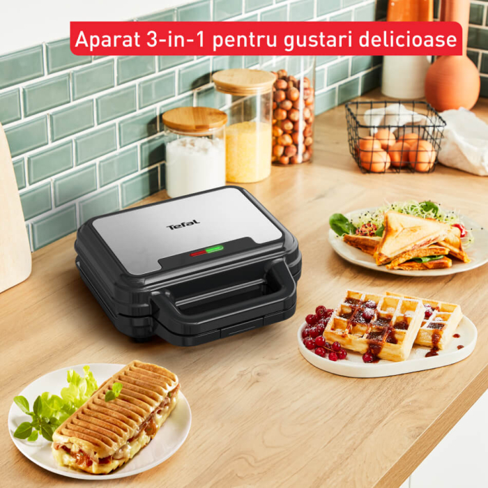 Sandwich maker multifunctional Tefal UltraCompact 3 in 1 SW383D10, 700W, 3 placi detasabile pentru sandwich-uri, panini si gofre, negru & arginti [11]