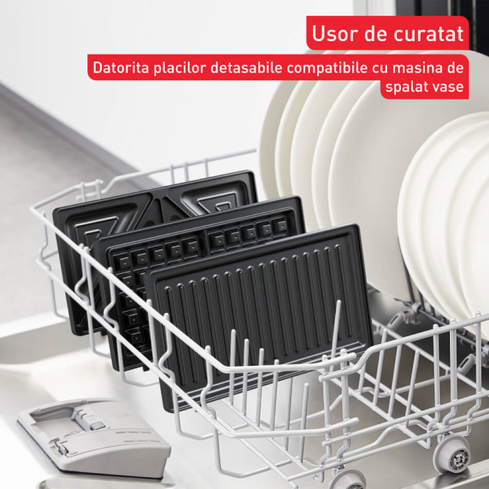 Sandwich maker multifunctional Tefal UltraCompact 3 in 1 SW383D10, 700W, 3 placi detasabile pentru sandwich-uri, panini si gofre, negru & arginti [7]
