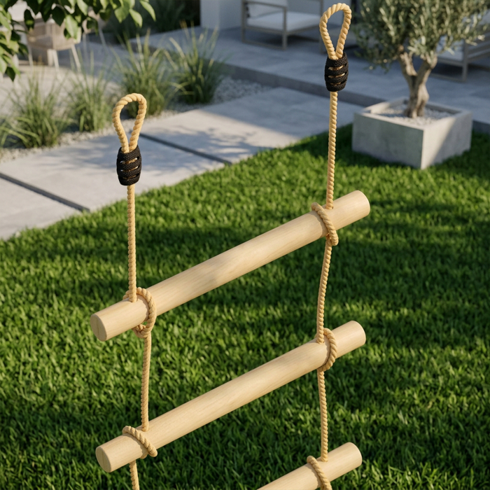  Scara de Franghie 1,8m, Accesorii pentru Leagane, Franghie pentru Parc de Joaca Exterior, Catarare cu 5 Trepte pentru Copii cu 2 Carabiniere si 2 Curele pentru Copaci [8]
