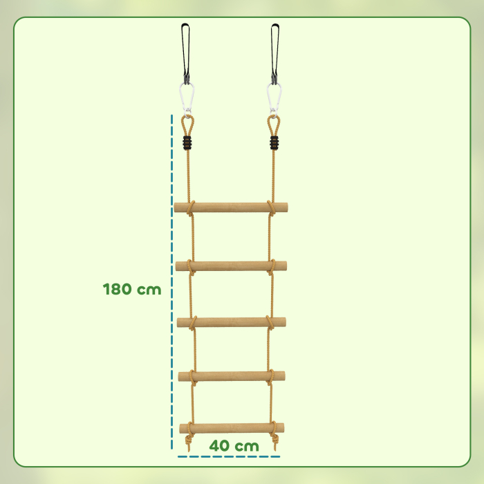  Scara de Franghie 1,8m, Accesorii pentru Leagane, Franghie pentru Parc de Joaca Exterior, Catarare cu 5 Trepte pentru Copii cu 2 Carabiniere si 2 Curele pentru Copaci [3]
