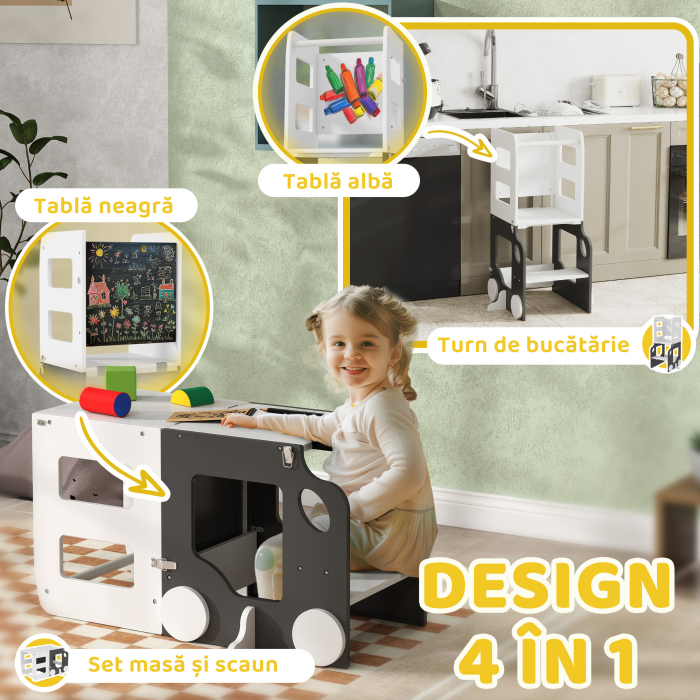  Scara Montessori 4 in 1 pentru Copii cu 2 Table si Set Masa si Scaun, din Lemn, 58x46x92 cm, Alb [4]