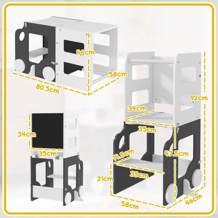  Scara Montessori 4 in 1 pentru Copii cu 2 Table si Set Masa si Scaun, din Lemn, 58x46x92 cm, Alb [3]