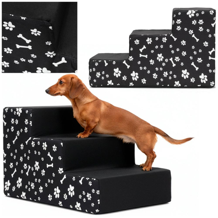 Scara animale companie 3 trepte antiderapanta husa detasabila, 30x48x30 cm, decor, negru alb [4]