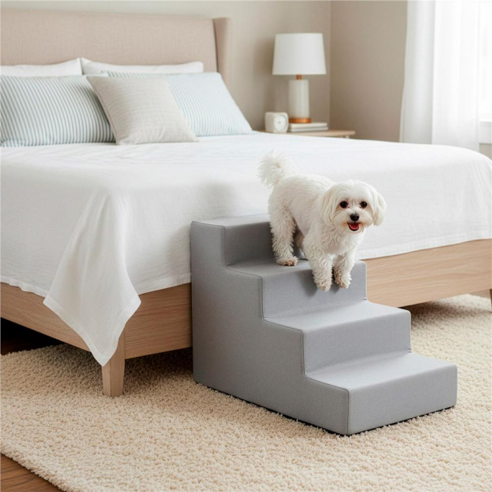 Scara animale companie 4 trepte antiderapanta husa detasabila, 30x58x40 cm, maxim 25 kg, gri deschis [5]