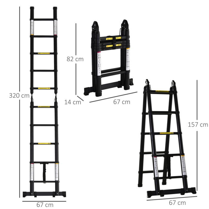  Scara Telescopica Pliabila cu 10 Trepte, Scara Extensibila din Aluminiu si Metal, 320x67x7 cm, Neagra [3]