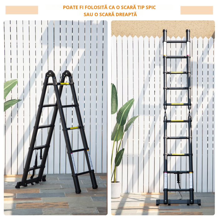  Scara Telescopica Pliabila cu 10 Trepte, Scara Extensibila din Aluminiu si Metal, 320x67x7 cm, Neagra [4]