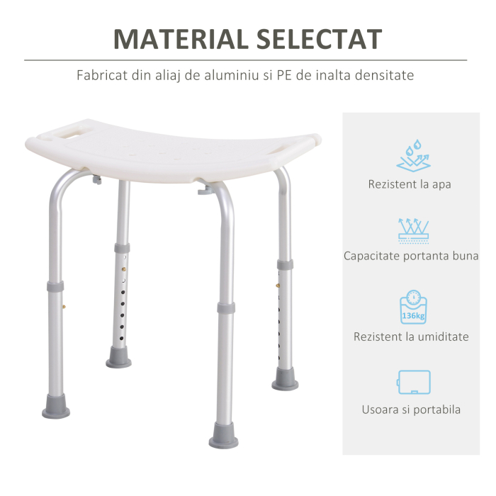  Scaun Baie pentru Dus, inaltime Reglabila, Antiderapant, Cadru din Aluminiu, Alb [6]