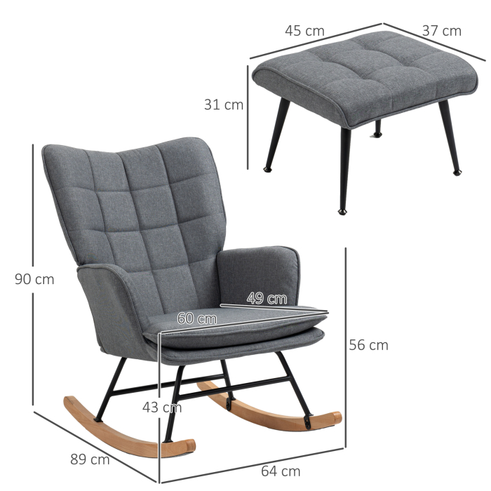  Scaun Balansoar cu Taburet in Stofa Tip In si Lemn de Cauciuc, Fotoliu Balansoar cu Perna, Spatar inalt, Cotiere, Capacitate 130 kg, pentru Dormitor Living, Gri [3]