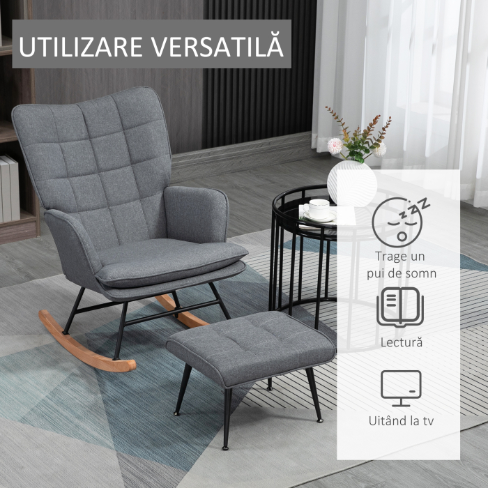  Scaun Balansoar cu Taburet in Stofa Tip In si Lemn de Cauciuc, Fotoliu Balansoar cu Perna, Spatar inalt, Cotiere, Capacitate 130 kg, pentru Dormitor Living, Gri [6]