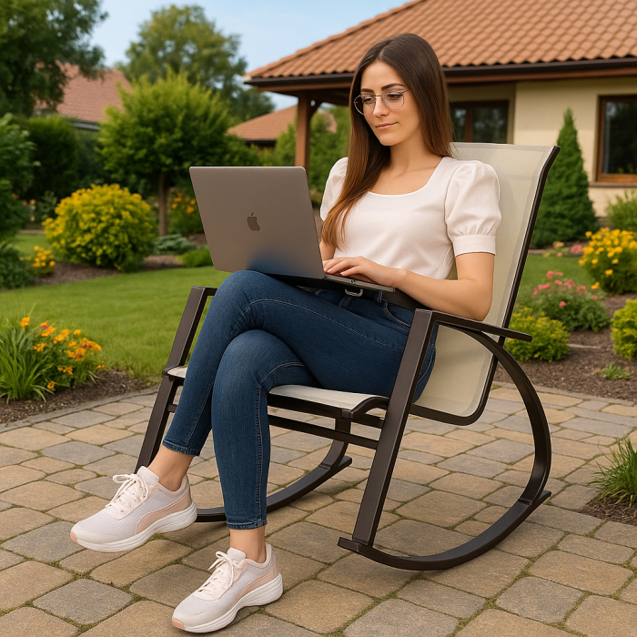 Scaun balansoar de gradina din metal si textil, 60x104x95 cm, capacitate 120 kg, crem [3]