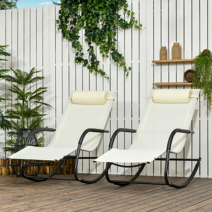  Scaun Balansoar de Gradina din Otel cu Cotiere si Tetiera Detasabile, 67x144x87 cm, Gri si Bej [2]