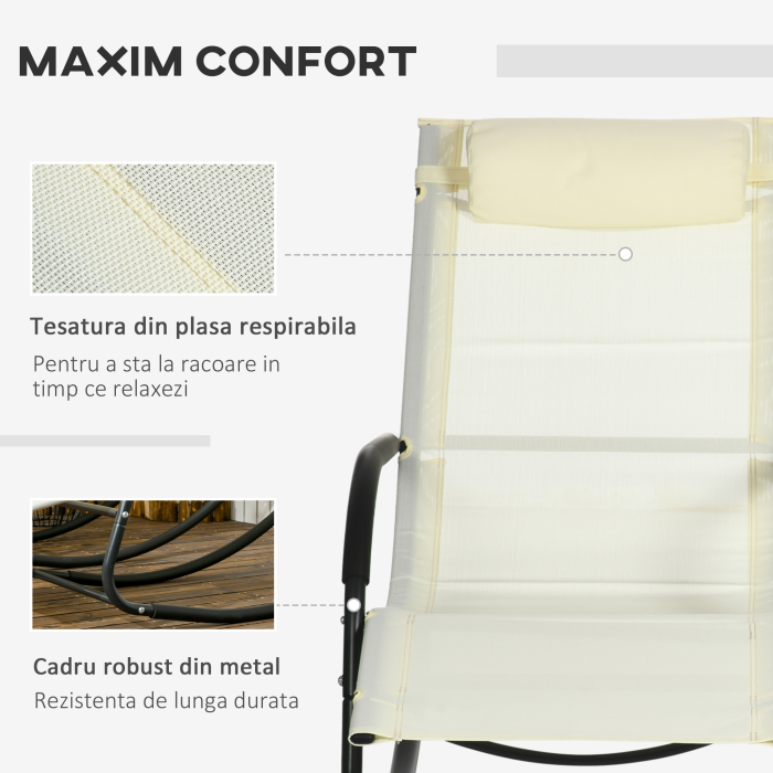  Scaun Balansoar de Gradina din Otel cu Cotiere si Tetiera Detasabile, 67x144x87 cm, Gri si Bej [5]