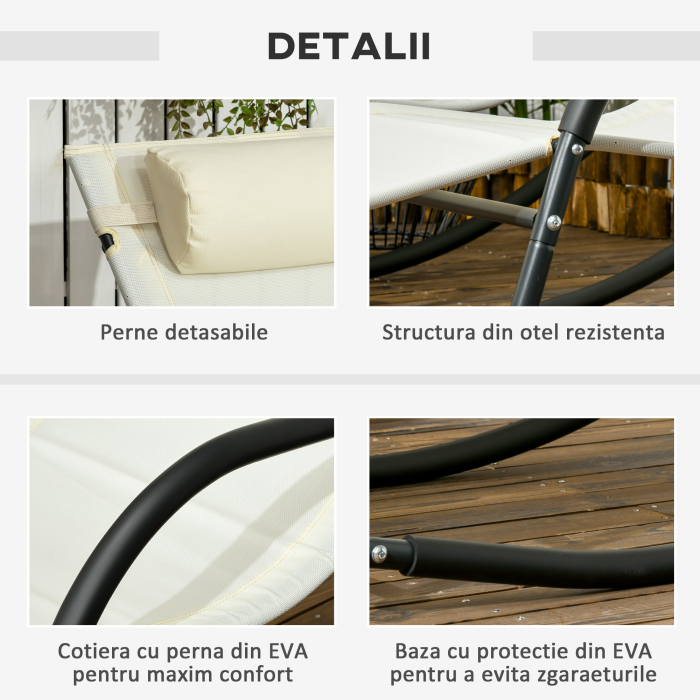  Scaun Balansoar de Gradina din Otel cu Cotiere si Tetiera Detasabile, 67x144x87 cm, Gri si Bej [6]