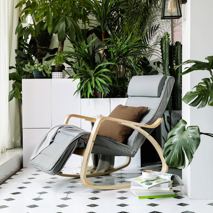 Scaun balansoar din lemn, suport picioare reglabil, maxim 150kg, 67x115x91cm, gri deschis [8]