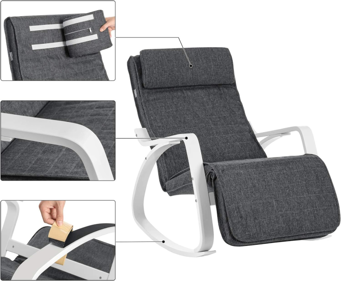 Scaun balansoar din lemn, suport picioare reglabil, maxim 150kg, 67x115x91cm, gri si alb [6]