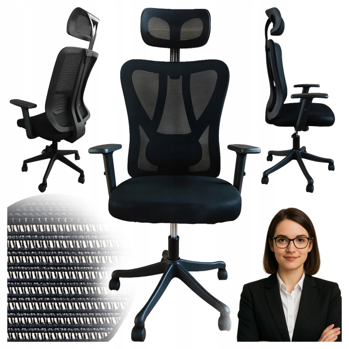Scaun birou ergonomic, reglabil, cu suport lombar si tetiera, plasa mesh, maxim 120 kg, 50x50x126 cm, negru [5]