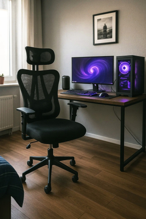 Scaun birou ergonomic, reglabil, cu suport lombar si tetiera, plasa mesh, maxim 120 kg, 50x50x126 cm, negru [10]