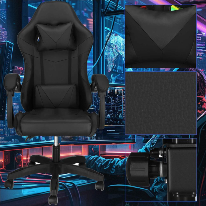 Scaun birou pentru gaming, ergonomic, suport lombar si tetiera, 114-123x55x50 cm, negru [9]