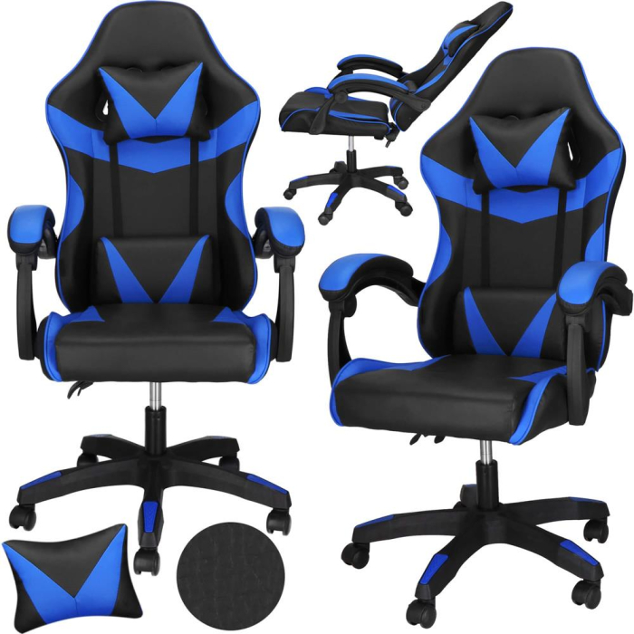 Scaun birou pentru gaming, ergonomic, suport lombar si tetiera, 114-123x55x50 cm, negru si albastru [2]