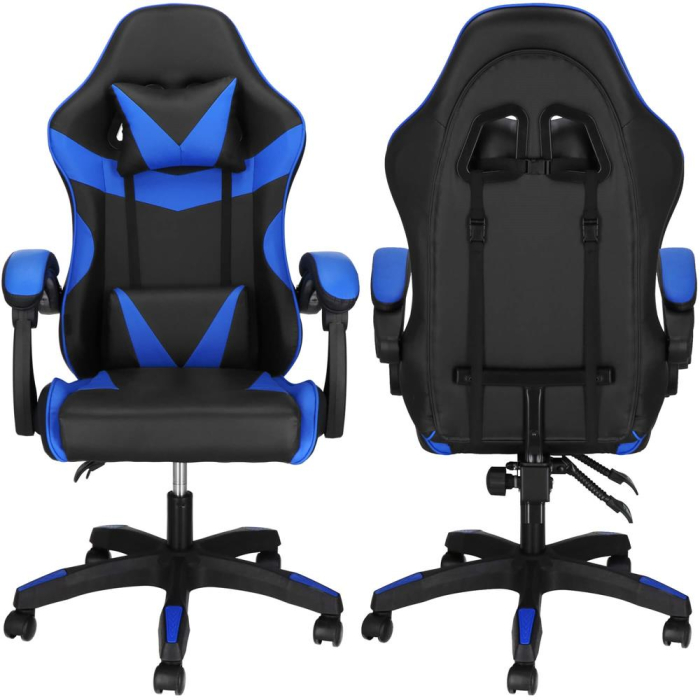 Scaun birou pentru gaming, ergonomic, suport lombar si tetiera, 114-123x55x50 cm, negru si albastru [6]
