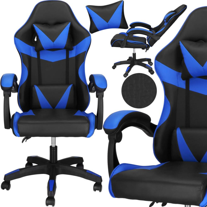 Scaun birou pentru gaming, ergonomic, suport lombar si tetiera, 114-123x55x50 cm, negru si albastru [3]