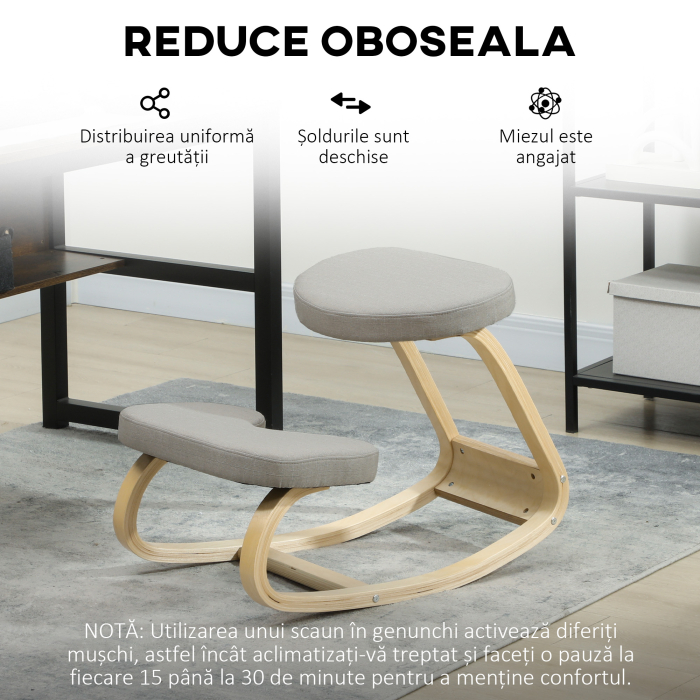  Scaun cu Genunchii cu Miscare de Balans, din tesatura si Lemn de Mesteacan, 50x73x55 cm, Gri [6]