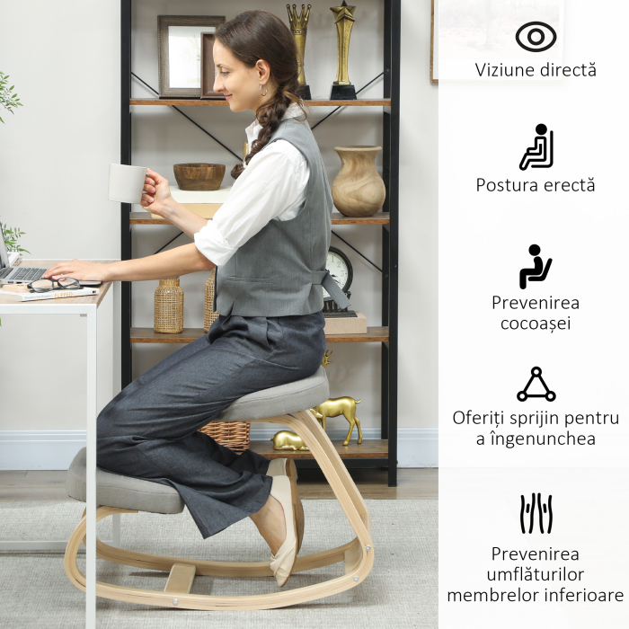  Scaun cu Genunchii cu Miscare de Balans, din tesatura si Lemn de Mesteacan, 50x73x55 cm, Gri [5]