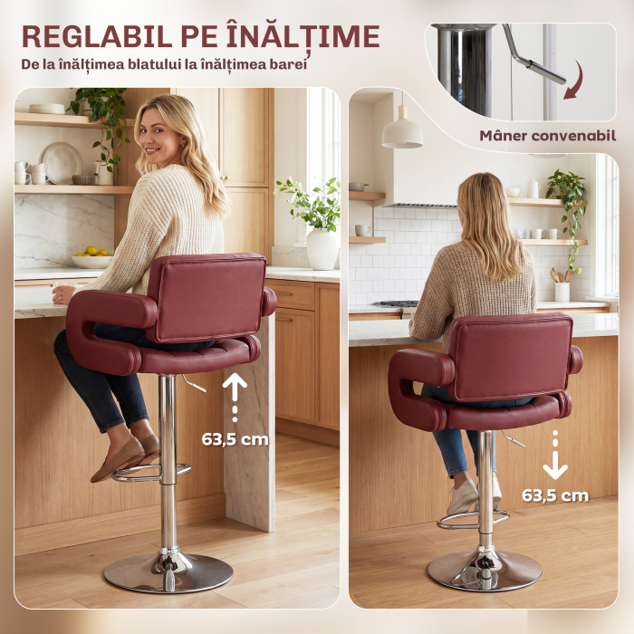  Scaun de Bar cu inaltime Reglabila, Scaun de Bucatarie inalt din PU cu Spatar, Suport pentru Picioare, Cotiere si sezut Confortabil, Structura Metalica, Rotativ la 360°, pentru Insula, Rosu Vin [4]