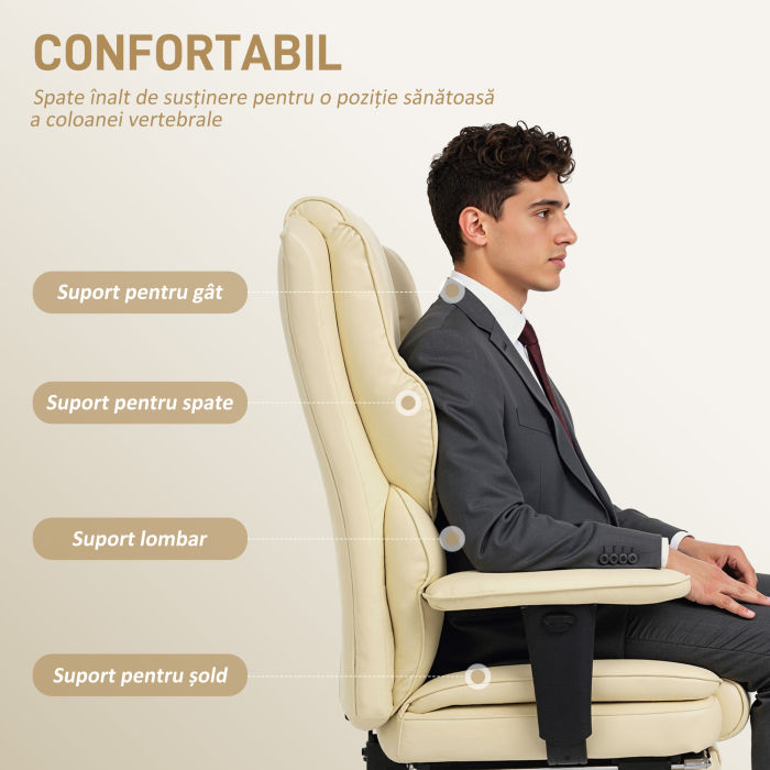 , Scaun de Birou, Cu Suport pentru Picioare si Tetiera, din Piele PU, Spuma si Metal, 76x73x117-125 cm, Crem [5]