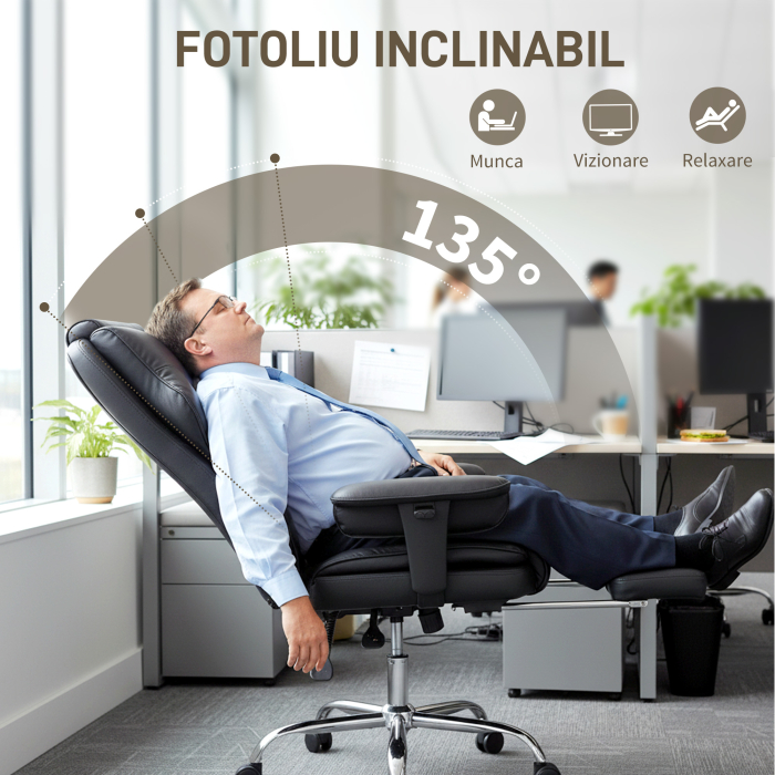 , Scaun de Birou, cu Suport pentru Picioare si Tetiera, din Piele PU, Spuma si Metal, 76x73x117-125 cm, Negru [7]