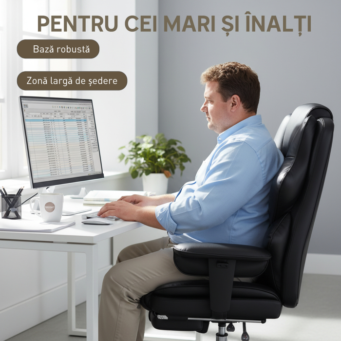 , Scaun de Birou, cu Suport pentru Picioare si Tetiera, din Piele PU, Spuma si Metal, 76x73x117-125 cm, Negru [6]